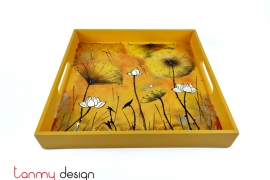 Yellow square lacquer tray hand-painted with lotus pond 30 cm